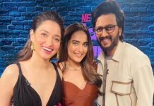 Tamannaah Instagram - third wheeling with nirali and kosty to check if there are vibes💛 with my #planAplanB cast - the legendary @poonam_dhillon_ Kosty aka @riteishd and bestie, @tamannaahspeaks streaming on September 30 on @netflix_in @ghoshshashanka is missing🙆🏼‍♀️