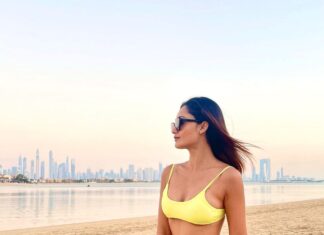 Tridha Choudhury Instagram - The Golden hour shot ⭐️ Wearing @goyaswimcompany ⭐️ #timeoutdubai #whatsondubai #dubaibeachclub #dubaibeach #beachwear #beachbum #beachdays #alexandermcqueen The Palm Jumeirah, Dubai, UAE