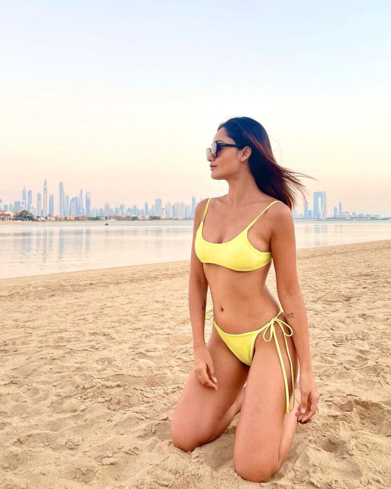 Tridha Choudhury Instagram - The Golden hour shot ⭐️ Wearing @goyaswimcompany ⭐️ #timeoutdubai #whatsondubai #dubaibeachclub #dubaibeach #beachwear #beachbum #beachdays #alexandermcqueen The Palm Jumeirah, Dubai, UAE