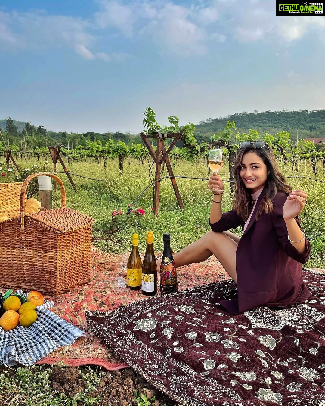 Tridha Choudhury Instagram - Found my ‘Source of Happiness’ 🍀 @sula_vineyards Don’t you want to Find yours ? 🍀 #vineyard #winelover #winetasting #picnic #winteriscoming #wintervibes #winteroutfit The Source at Sula