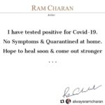 Upasana Kamineni Instagram - #Repost @alwaysramcharan with @get_repost ・・・ Request all that have been around me in the past couple of days to get tested. More updates on my recovery soon.