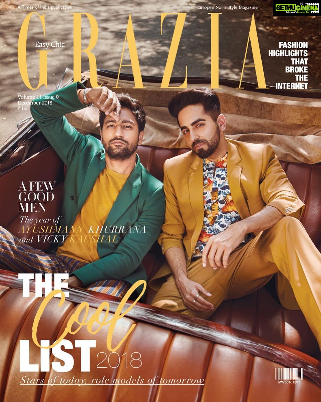 Vicky Kaushal Instagram - Chilling on the December cover of @graziaindia with my ‘Dream Girl’ @ayushmannk 💕