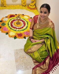 Vidya Balan Instagram - Gearing up for the festive season, candids and khushiyaan 🌺💛✨

Hair - @bhosleshalaka 
Makeup - @harshjariwala158