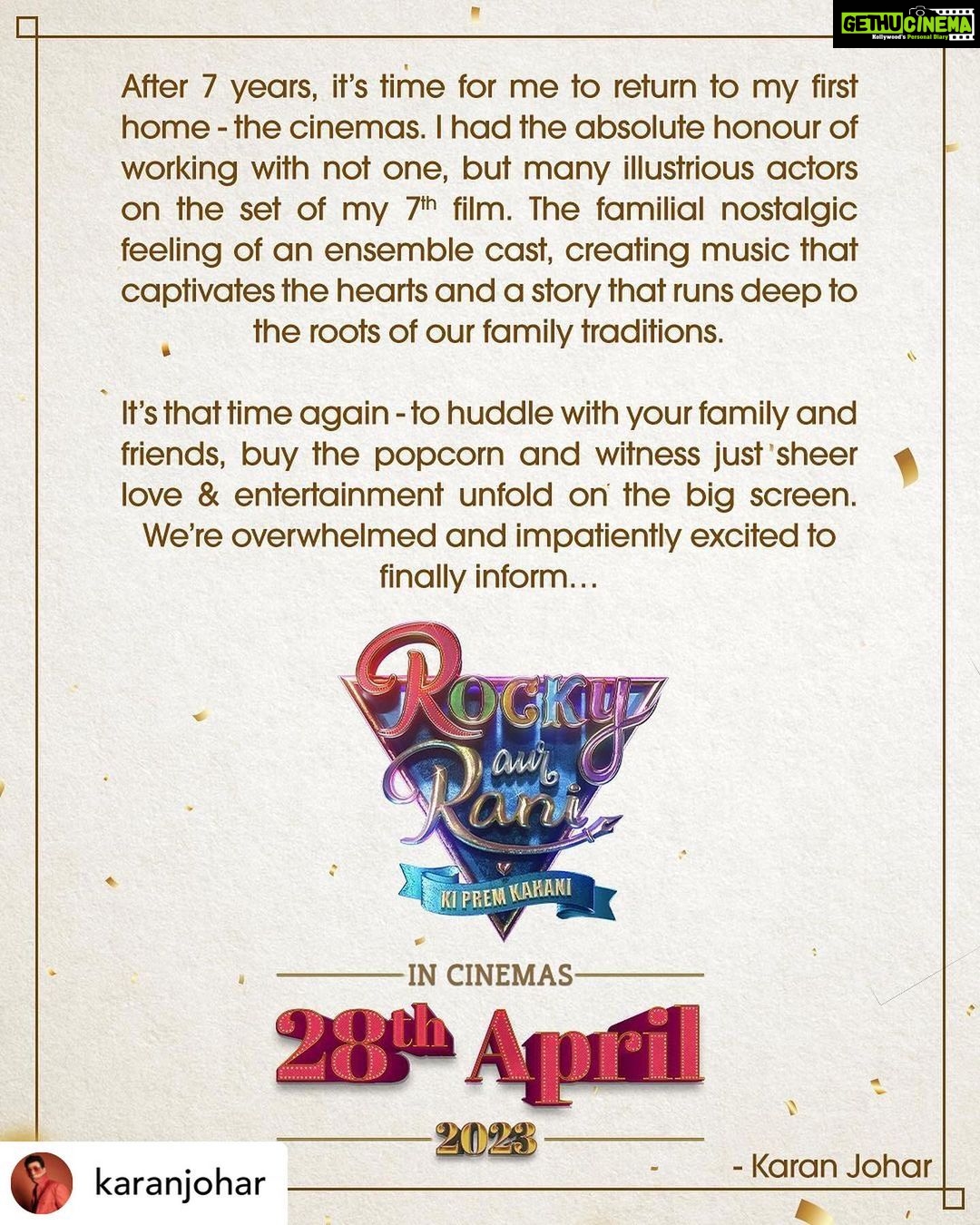 Alia Bhatt Instagram - #Repost @karanjohar My heart is filled with excitement and gratitude… #RockyAurRaniKiPremKahani releasing in cinemas near you on 28th April, 2023!💜 #RRKPK @aapkadharam #JayaBachchan @azmishabana18 @ranveersingh @aliaabhatt @apoorva1972 @ajit_andhare @_ishita_moitra_ @shashankkhaitan @gogoroy @somenmishra @dharmamovies @viacom18studios