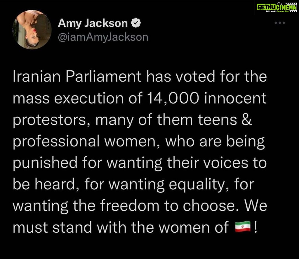 Amy Jackson Instagram - Repulsed that a regime is so terrified to allow people to think and speak for themselves. Share, post, use every source necessary to help the #womenofiran 🇮🇷❤️🙏🏼