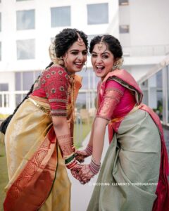 Arya Instagram - Not just my sister … my DAUGHTER .. my FIRST BABY… my BABY GIRL …. @anjanasatheeshps 

Our Sarees @kanchivaram.in 
Our styling @sabarinathk_ 
Our MUA @sijanmakeupartist 
Our blouses @aroya_by_arya_resmi 
Event by @eventiaevents 
Photography @weddingelementsphotography 
Mehendi @salihashamnad 

#bride #keralabride #keralaweddingstyles #weddingphotography #trending #mysister #herbigday #dreamcometrue