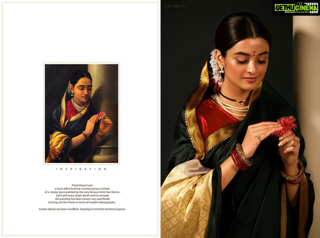 Darshana Banik Instagram - Sharing a portrait very close to my heart. A Raja Ravi Verma painting recreated by supremely talented team: Photographed by @studiod_souvikroy Look recreated by @tamashreeroy Makeup @ig_baishakhi Hair @abinashbhowmick21