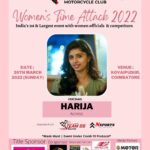 Harija Instagram – We’re happy to invite @harijaofficial as our Chief Guest for the WOMENS TIME ATTACK 2022💕❤️😍 India’s 1st & Largest event with women officials & competitiors❤️
 
@nive_jessie
Associated with  @nsportsin
@team_55_racing_academy
.
.
Entries open 👐🤩🥳
Contact : 9150060360
Dm: @sri.anuja
@the_dusky_bikergirl
@wmc.india @nsportsin @team_55_racing_academy 
Our  Sponsers : @twinbirdsonline @throttlerzpitstop
@decathlonsportsindia
@amsoilbyjoram

#wmcindia #wmc #womensmotorcycleclub #Womenstimeattack #Womenstimeattack2022 #wmcwomenstimeattack #womenempowerment Coimbatore, Tamil Nadu