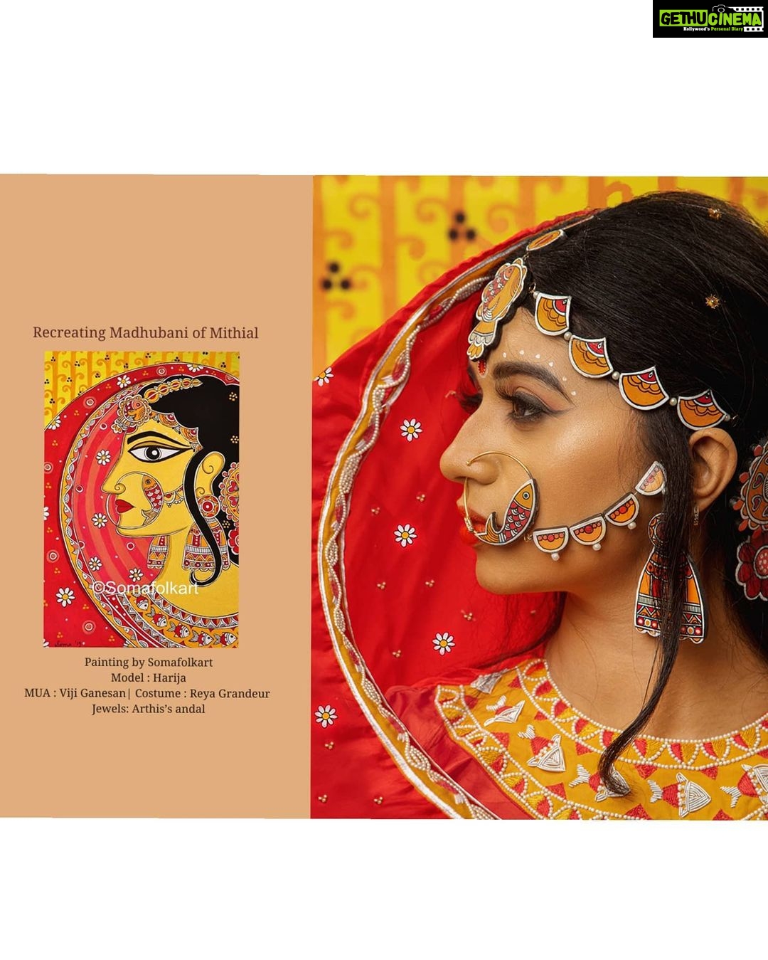 Harija Instagram - My recent work ❤️.... Recreating Madhubani of Mithal Thank you team for recreating this beautiful art with me in it.. Here we present the most awaited series “MADHUBANI OF MITHILA “ An idea of appreciation for the women who toiled to showcase their hardwork and individuality before 2500 years ago. We are happy to share this with you as a symbol of creativity and endurance Makeup - @luckygirl_makeupartist Costume- @reya_s_grandeur Jewellery- @arthis_andal Photography - @arunpradeep_photography Magazine credits - @the.sonderstories stories Concept and direction- @__kanishhhhhh__ Location - @blankspacebyarunpradeep #harija #harijaofficial #madhubanipainting #madhubani #mithal #red #orange #