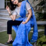 Kalpika Ganesh Instagram - I own a class which may be tricky for you to match💙🤍💙 Styling make up and hair by @makeupbykrishnaveni Captured by @harish_aritakula Saree @ivanaa.official #sareelove #differentdrape #sareedrape #contemporary #class