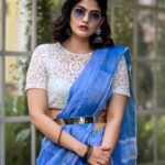 Kalpika Ganesh Instagram - I own a class which may be tricky for you to match💙🤍💙 Styling make up and hair by @makeupbykrishnaveni Captured by @harish_aritakula Saree @ivanaa.official #sareelove #differentdrape #sareedrape #contemporary #class