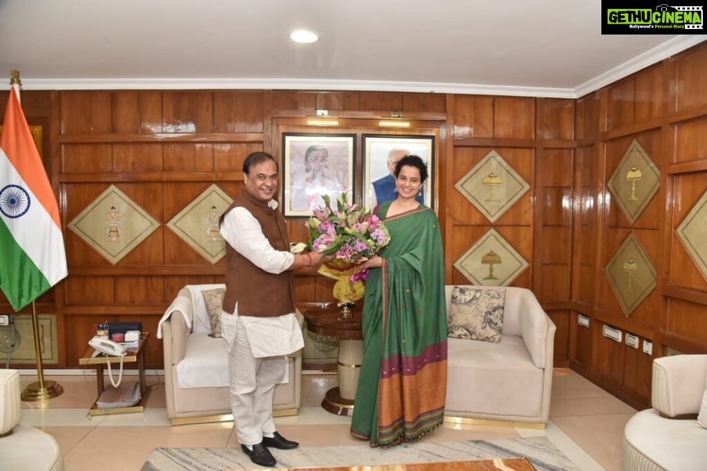 Kangana Ranaut Instagram - Such a delight to meet Honourable Chief Minister Assam, Shri Himanta Biswa Sarma ji…. He extended his support for our team as we begin our outdoor schedule very soon in various locations across Assam … Such an honour and privilege to get his support and encouragement 🇮🇳 Many thanks sir 🙏