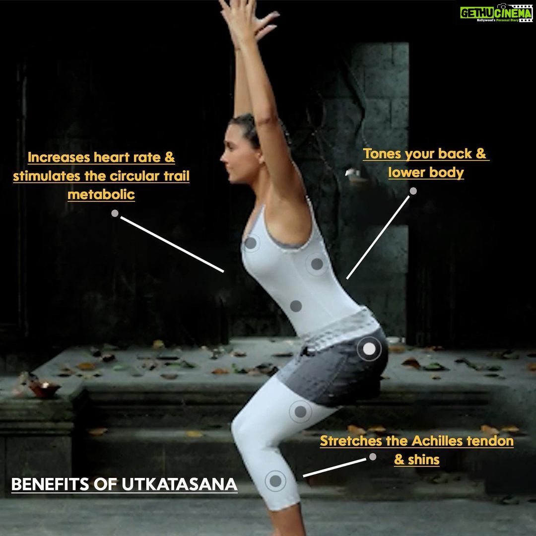 Lara Dutta Instagram - Utkatasana also known as Chair Pose is sometimes translated from Sanskrit to English as “Fierce Seat” or “Powerful Pose.” It is a strengthening and heat-building asana that brings all parts of your body together into a cohesive and powerful whole. Learn more such powerful and beneficial yoga asanas from @larabhupathi by joining her masterclass only on SocialSwag. #exclusive #SocialSwag #masterclass #yoga