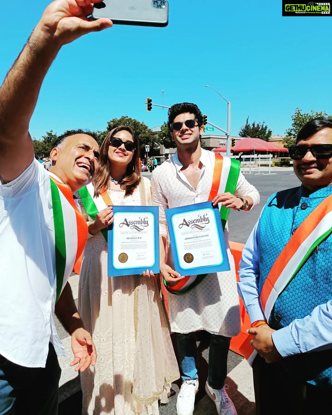 Meghana Raj Instagram - Thank you California and the people of Fremont city for making this so memorable! Fog (Festival of Globe) has continued the tradition for more than 30years under the leadership of Dr.. Romesh Japra And to have been part of the India Independence day celebration as this years Grand Marshal is indeed a very special moment for me... It was also lovely meeting my fellow Grand Marshal actor @abhimanyud and also, sincere thanks to the honourable Mayor of Fremont city ๐ Fremont, California