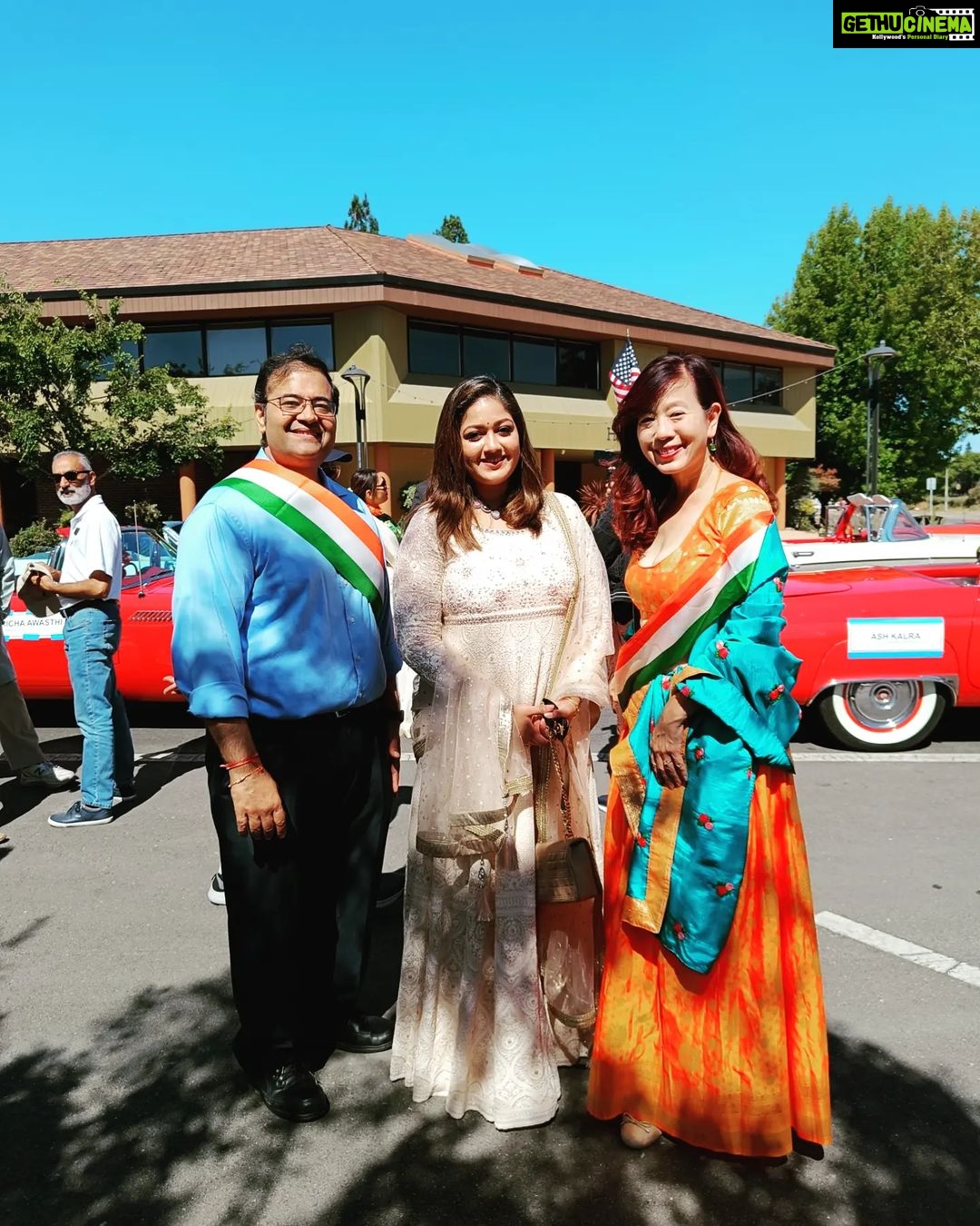 Meghana Raj Instagram - Thank you California and the people of Fremont city for making this so memorable! Fog (Festival of Globe) has continued the tradition for more than 30years under the leadership of Dr.. Romesh Japra And to have been part of the India Independence day celebration as this years Grand Marshal is indeed a very special moment for me... It was also lovely meeting my fellow Grand Marshal actor @abhimanyud and also, sincere thanks to the honourable Mayor of Fremont city ๐ Fremont, California