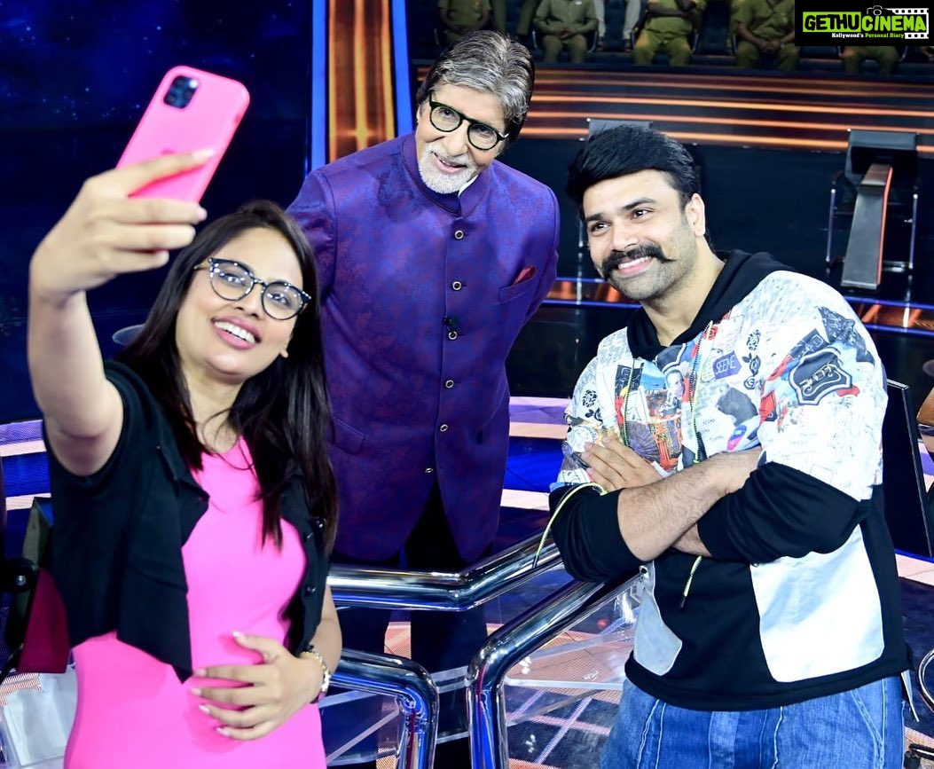 Nandita Swetha Instagram - Meeting the legends always gives that positive energy. Their experience & words are beyond everything. Happen to meet sri @amitabhbachchan ji & took his blessings❤️❤️ Happy birthday to the wonderful human and a great actor @actorashwin @jjoshina . #hidimba #birthday #amitabhbachchan #kaunbanegacrorepati #actresslife