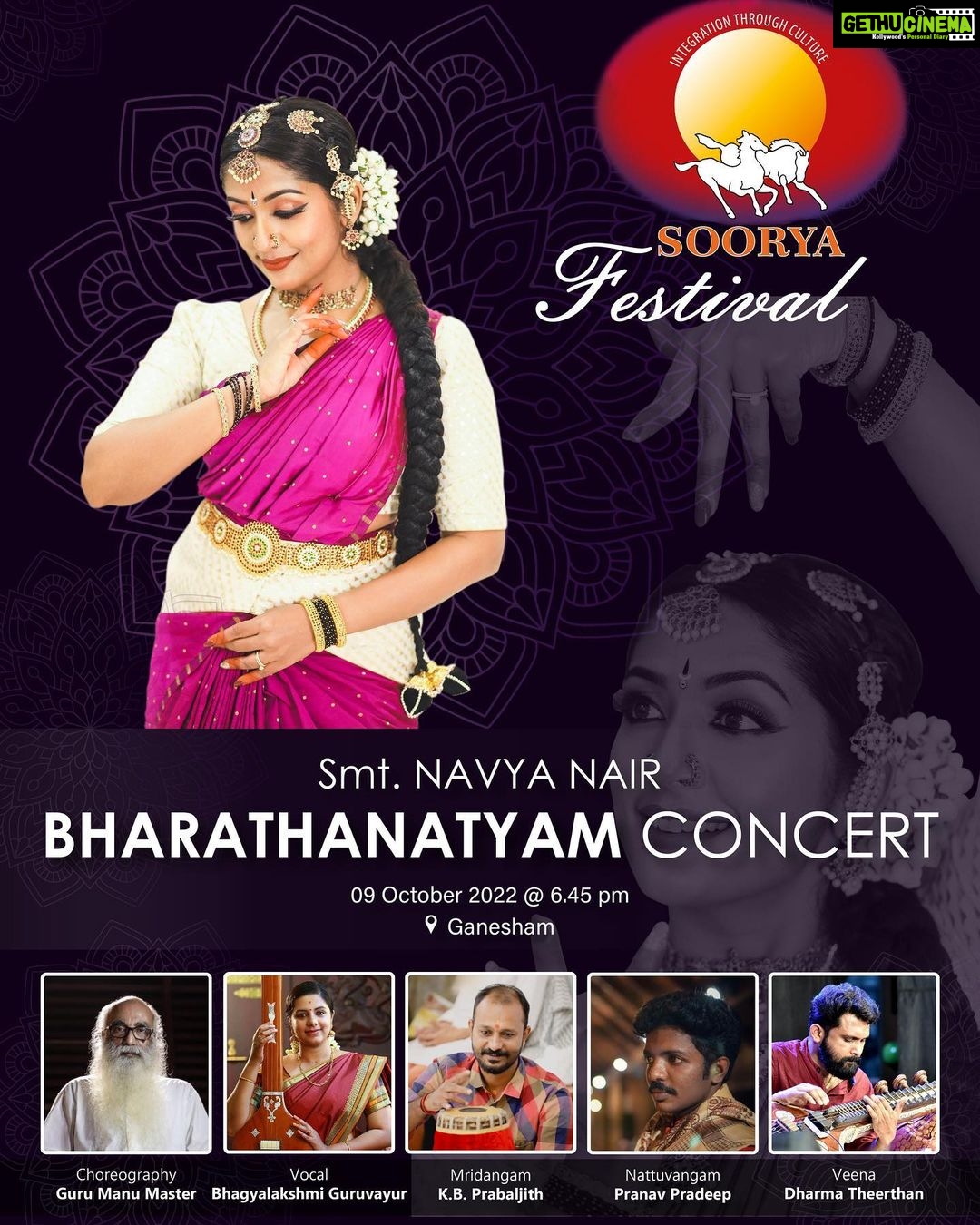 Navya Nair Instagram - Today evening at this blissful stage of Soorya for the Soorya Festival .. Thank you so much Soorya Krishnamoorthy sir for giving me an oppurtunity to perform in Soorya .. Thanking the efforts of my parents to teach me this art , they found the dancer in me , thanking all my gurus and God .. Please do come and bless me 🙏🏻 I pray , I can render a soulful Bharatanatyam recital for all the rasikas .. #sooryafestival #bharatanatyam #dancer #lifeofdancer #tanjurbani #manumaster #gratitude