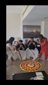 Reenu Mathews Instagram - Onam 2022🏵 Glimpses from a fun filled Onam with friends. Me & @srdubai got to celebrate Onam this year along with our trainers @officialabhifit @vasoo.c & @mithun___mohan . It was super fun to make them do Squats after Sadya. Also had a mini get together with my close friends @biji_balan @veenaravindran @treats_by_dhish @sebipaulmathews . Celebration became more memorable coz of the yummy cake made by @treats_by_dhish as a surprise. All in all it was all fun & laughter ❤️

#onamreels #onam2022
#trendingreels
#reelswithreenu
#onamindubai