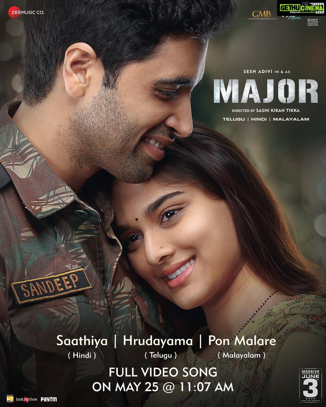 Saiee Manjrekar Instagram - A soothing melody from #MajorTheFilm 🎶 #Hrudayama | #Saathiya | #PonMalare Full video song out tomorrow at 11:07 AM❤️ #Major #MajorOnJune3rd @AdiviSesh @sobhitad @sashikirantikka @urstrulymahesh @sricharanpakala @sidsriram @javedali4u #Ayraan @kk_writer1 #VnvRameshKumar #Ritheshrajwada @sam_mathew_ad @sonypicsfilmsin @GMBents @AplusSMovies @zeemusiccompany