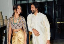 Shibani Dandekar Instagram - Dreamy nights with my guy ❤️ Shibs - Designer : @anamikakhanna.in Jewellery : @tdfdiamondsandgold Hair : @azima_toppo Styled by : @khyatibusa Farhan’s Outfit: @anitadongre Juttis: @needledust Styled by : @divyakdsouza Asst stylist : @khushi46 Photographer: @leroifoto 🌟