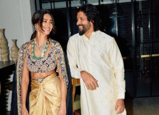 Shibani Dandekar Instagram - Dreamy nights with my guy ❤️ Shibs - Designer : @anamikakhanna.in Jewellery : @tdfdiamondsandgold Hair : @azima_toppo Styled by : @khyatibusa Farhan’s Outfit: @anitadongre Juttis: @needledust Styled by : @divyakdsouza Asst stylist : @khushi46 Photographer: @leroifoto 🌟