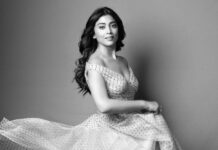 Shriya Saran Instagram - Thank you @gauriandnainika for this beautiful dress for #drishyam2 Absolutely love it !!!! Make up @makeupbymahendra7 Hair @priyanka__hairstylist Photographer @kausttubh_kambhhle