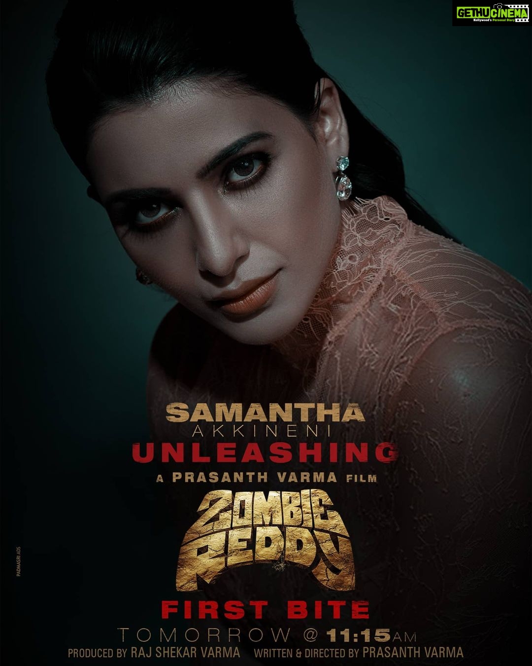 Teja Sajja Instagram - @samantharuthprabhuoffl ✨will unleash the #ZombieReddyFirstBite tomorrow at 11.15 Am. By the way, if a zombie attacks you, how do you survive? @PrasanthVarma #RajShekarVarma @AppleTreeOffl #ZRFirstBite #ZombieReddy