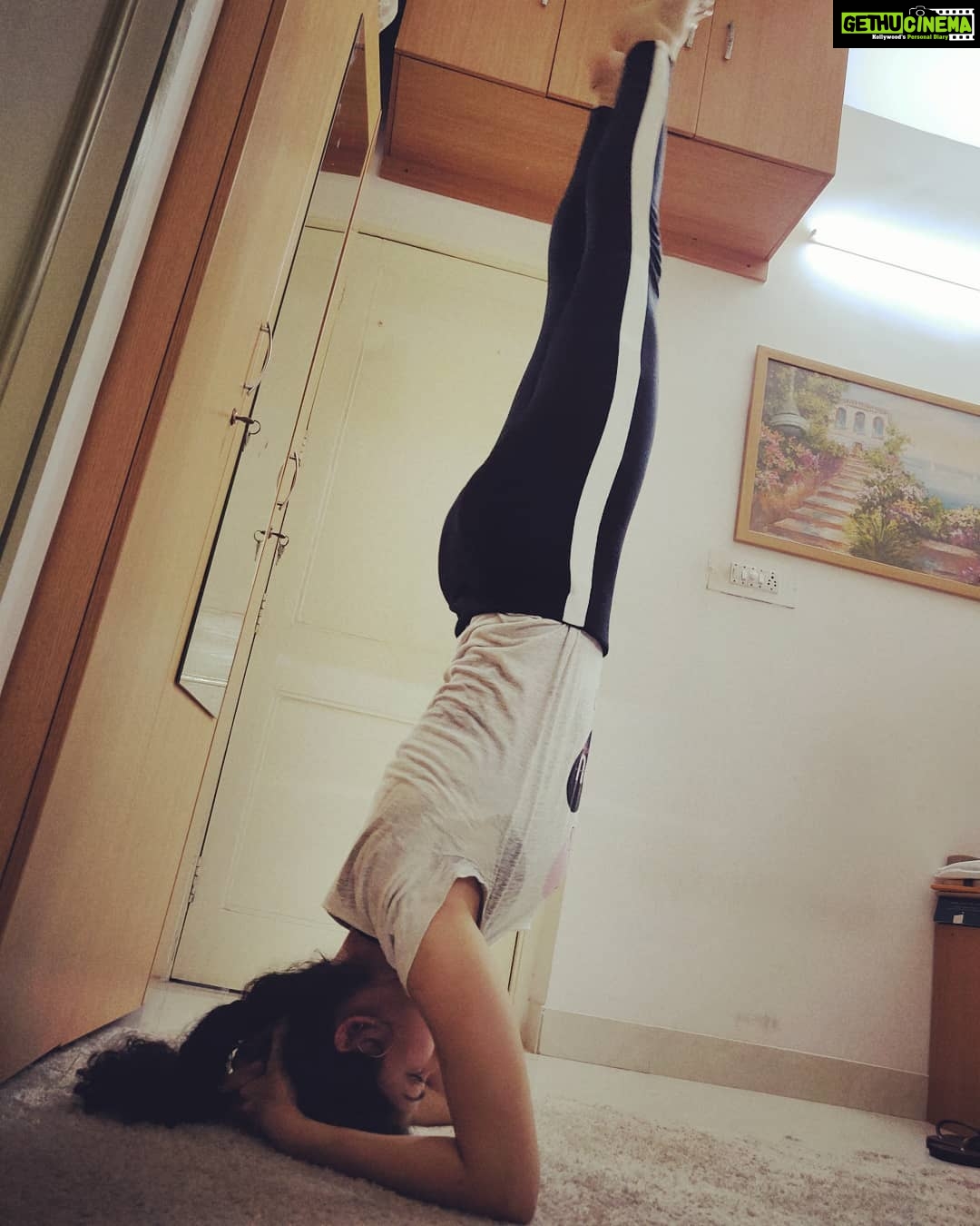 Tina Desai Instagram - 1) Headstand off the wall 2) Kakasana or crow pose 3) Handstand with wall support 4) Mayuraasana All tough, all fun, all work in progress. Yay!!!