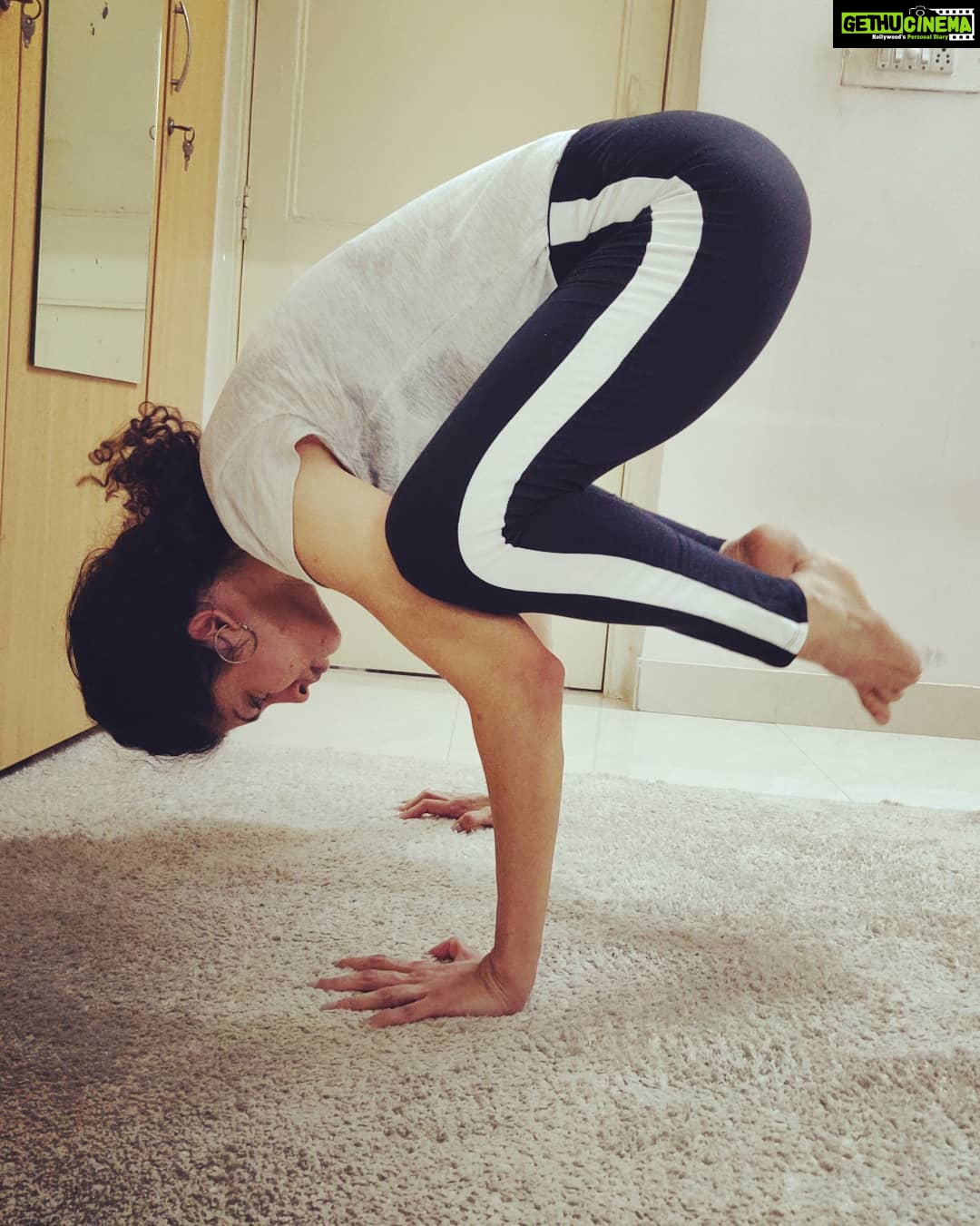 Tina Desai Instagram - 1) Headstand off the wall 2) Kakasana or crow pose 3) Handstand with wall support 4) Mayuraasana All tough, all fun, all work in progress. Yay!!!