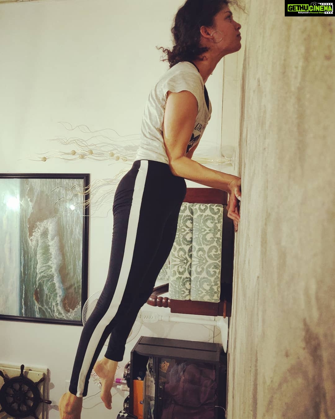 Tina Desai Instagram - 1) Headstand off the wall 2) Kakasana or crow pose 3) Handstand with wall support 4) Mayuraasana All tough, all fun, all work in progress. Yay!!!