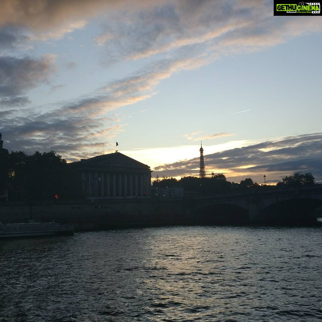 Tina Desai Instagram - River cruise at sunset to get the best light. If I'm gonna be away from home for Diwali, better see the city light up to compensate. Happy Diwali, all!!! #parisatsunset #france