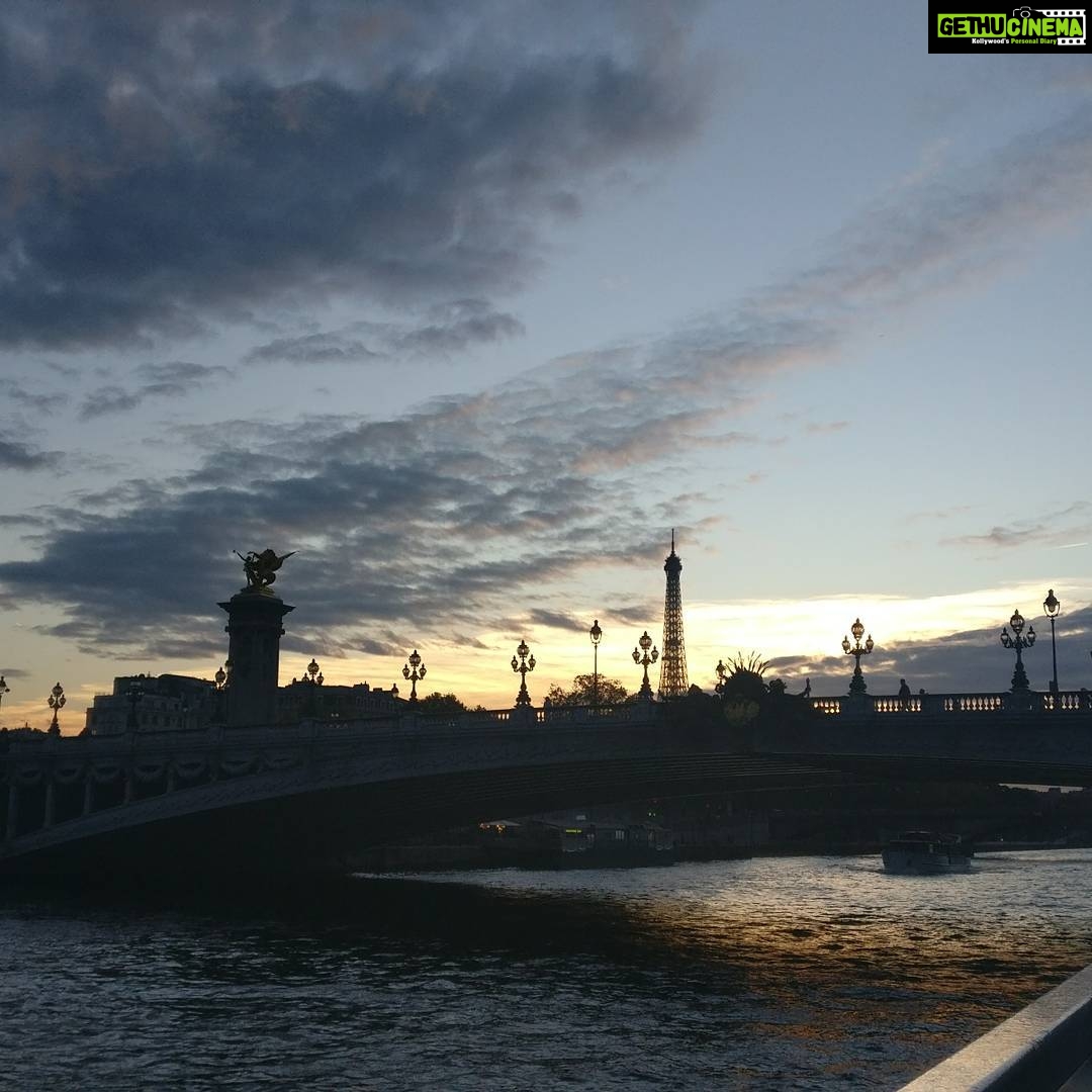 Tina Desai Instagram - River cruise at sunset to get the best light. If I'm gonna be away from home for Diwali, better see the city light up to compensate. Happy Diwali, all!!! #parisatsunset #france