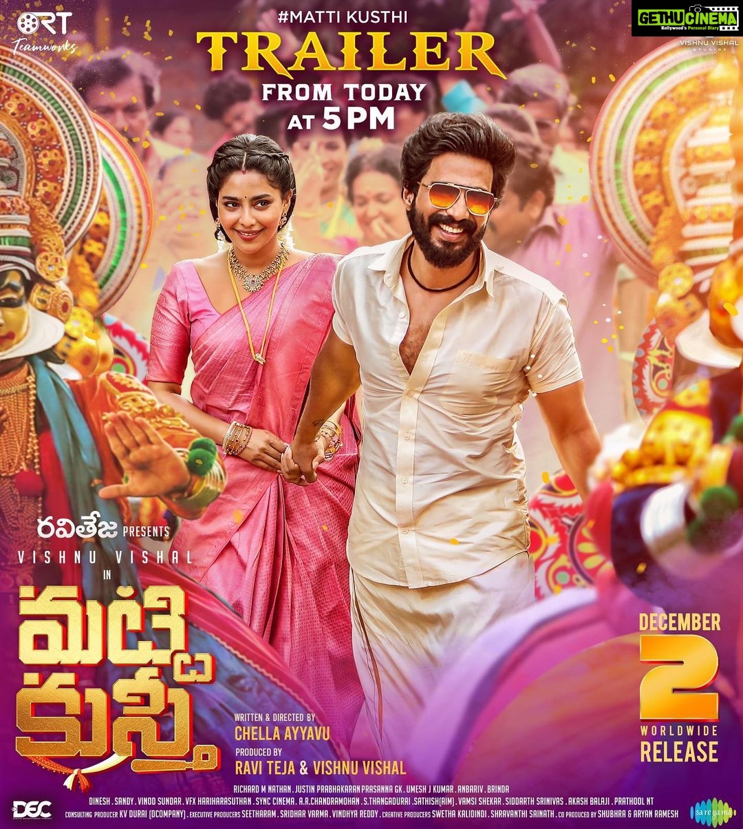 Aishwarya Lekshmi Instagram - Get ready for a joyful celebration - #MattiKusthi trailer out this evening at 5PM ⭐️ @thevishnuvishal @aishu__ @raviteja_2628 @rtteamworksofficial #ChellaAyyavu @richardmnathan @prabhakaranjustin @editor_prasannagk #UmeshJKumar @anbariv_action_director @thanga_18 @shravanthis @swethakakarlapudi @sridharthestar @vindhyareddi @saregamatelugu @teamaimpro @decoffl @kvdurai @sidwavez