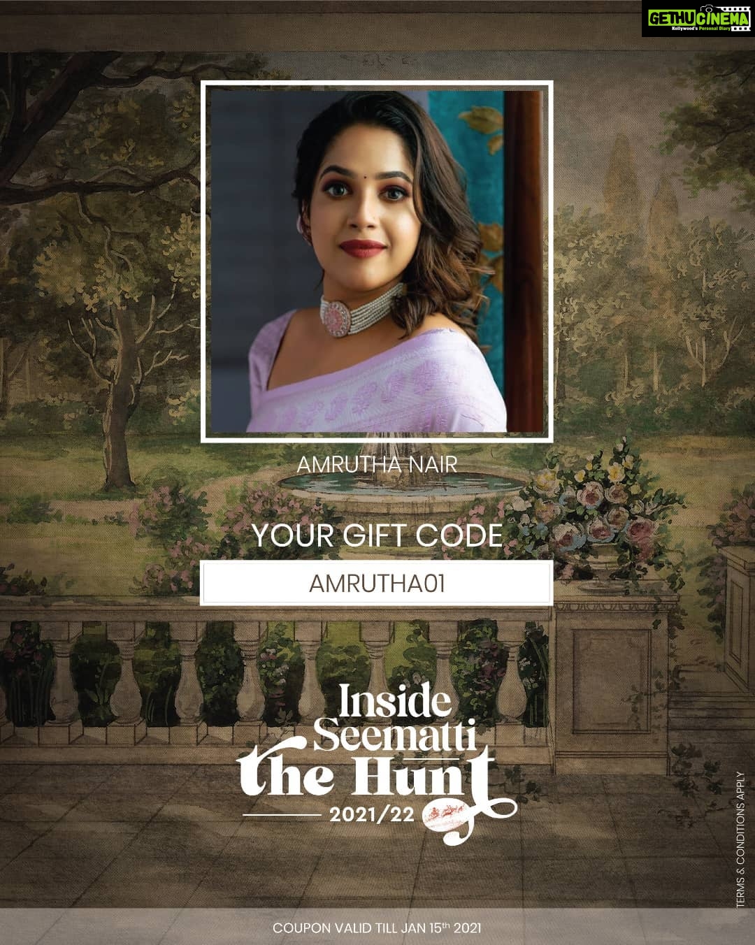 Amrutha Nair Instagram - An iridescent vision of beauty incorporated with elegance, Seematti the Inside Hunt, is a saga that is weaved with the ebullience of sheer craftsmanship merged with exotic designs. Experience luxury and fashion in the most finest and simplest way! The exuberant and vibrant collection in Seematti has left me in awe!! Don't wait for long, as the festival collection is till Jan 15th only. Avail surprise Xmas gifts from Seematti by taking a screenshot of the code that is added in this post. . . @seemattitextiles . . #insideseematti #seematti 📸@vipinjkumar Trivandrum, India