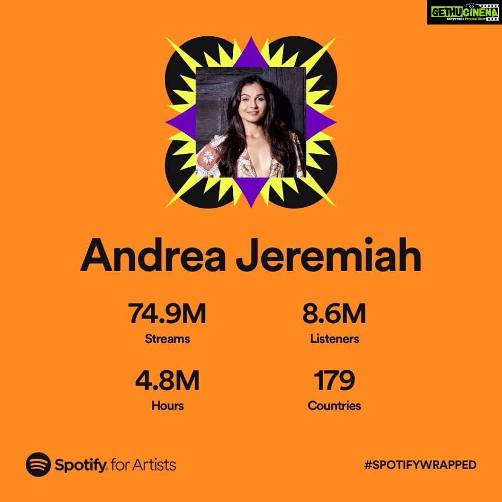 Andrea Jeremiah Instagram - Stepping into #december with #spotifywrapped ☄️ Thank you composers 🙏🏻 thank you @spotify 🙏🏻 thank you listeners 🙏🏻 Can’t wait to see what 2023 has in store for us 💫 Much love ❤️❤️❤️ #itsawrap #spotify #tamil #music #musician