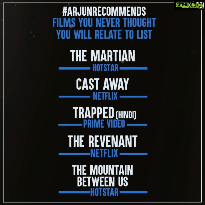 Arjun Kapoor Instagram - Here’s a list of movies that will make the 21 days lockdown seem simple(r). #ArjunRecommends 1. The Martian #MattDamon @jessicachastain #KristenWiig #RidleyScott 2. Cast Away @tomhanks @helenhunt #RobertZemeckis 3. Trapped @rajkummar_rao #VikramadityaMotwane 4. The Revenant @leonardodicaprio @tomhardy #AlejandroGIñárritu 5. The Mountain Between Us #KateWinslet @idriselba #HanyAbuAssad