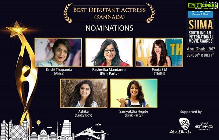 Ashika Ranganath Instagram - Debut award is once in lifetime that an actor can get! So I am very happy for making it so far among so many new comers! Every actor deserves it 😍Thanks a lot @siimawards for nominating me. please vote for all the categories for the deserved ones ☺️link below 👇🏻 and in my Bio. http://siima.in/2017/nominations.html