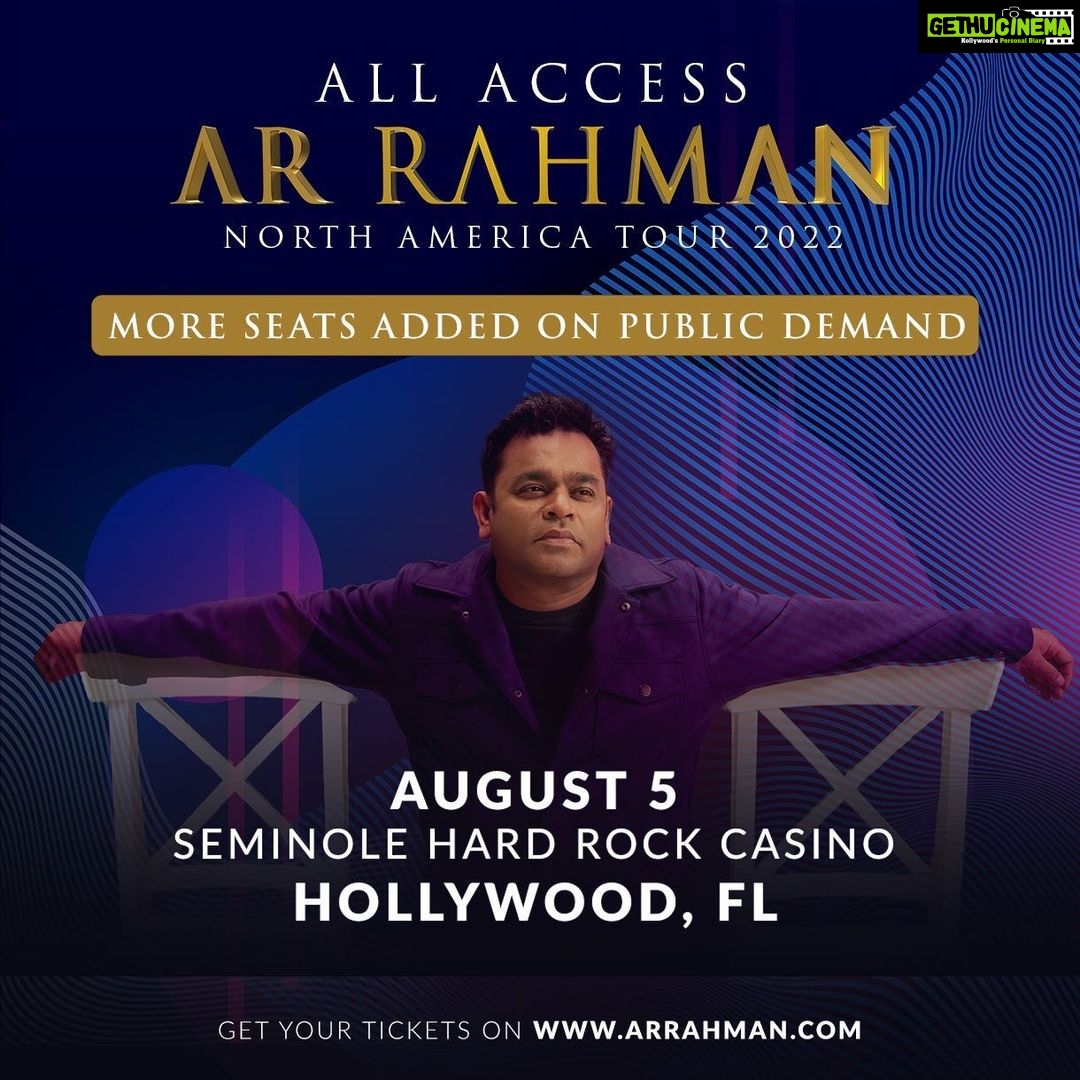 Haricharan Instagram - On popular demand, Hard Rock Hollywood, Florida adds an extra bunch of tickets to the show on August 5th. Get these special tickets on www.arrahman.com #arrahman #arrahmanlive #Haricharan #allaccessarrahman #northamericatour #healingworld #EPI