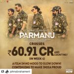 John Abraham Instagram - #Repost @johnabrahament with @get_repost ・・・ Week 4, and #Parmanu is in no mood to slow down at the Box Office! 60.91 CR and still counting for this film that continues to enthral the audiences and make India Proud! @thejohnabraham @DianaPenty @boman_irani @zeestudiosofficial @kytaproductions @pooja_ent #india #boxoffice #collection #pride #prideofindia #storyofpokhran