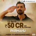 John Abraham Instagram – #Repost @johnabrahament with @get_repost
・・・
The Story of India’s Un-sung Heroes Maintains CONSISTENT Second Week Daily Collections! 
#Parmanu’s U-N-S-T-O-P-P-A-B-L-E Box Office March Continues…
#ParmanuCrosses50

@thejohnabraham @dianapenty @boman_irani @kytaproductions @zeestudiosofficial @pooja_ent 
#runningsuccessfully #ParmanuPrideofIndia #parmanuthestoryofpokhran