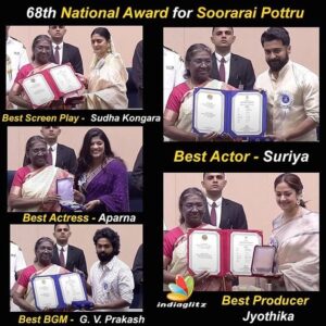 Kaali Venkat Instagram - பெருமையும் மகிழ்ச்சியும் 💪🏾😍#SooraraiPottru @Sudha_Kongara @Suriya_offl @gvprakash @Aparnabala2 @nikethbommi @2D_ENTPVTLTD #68thnationalfilmawards