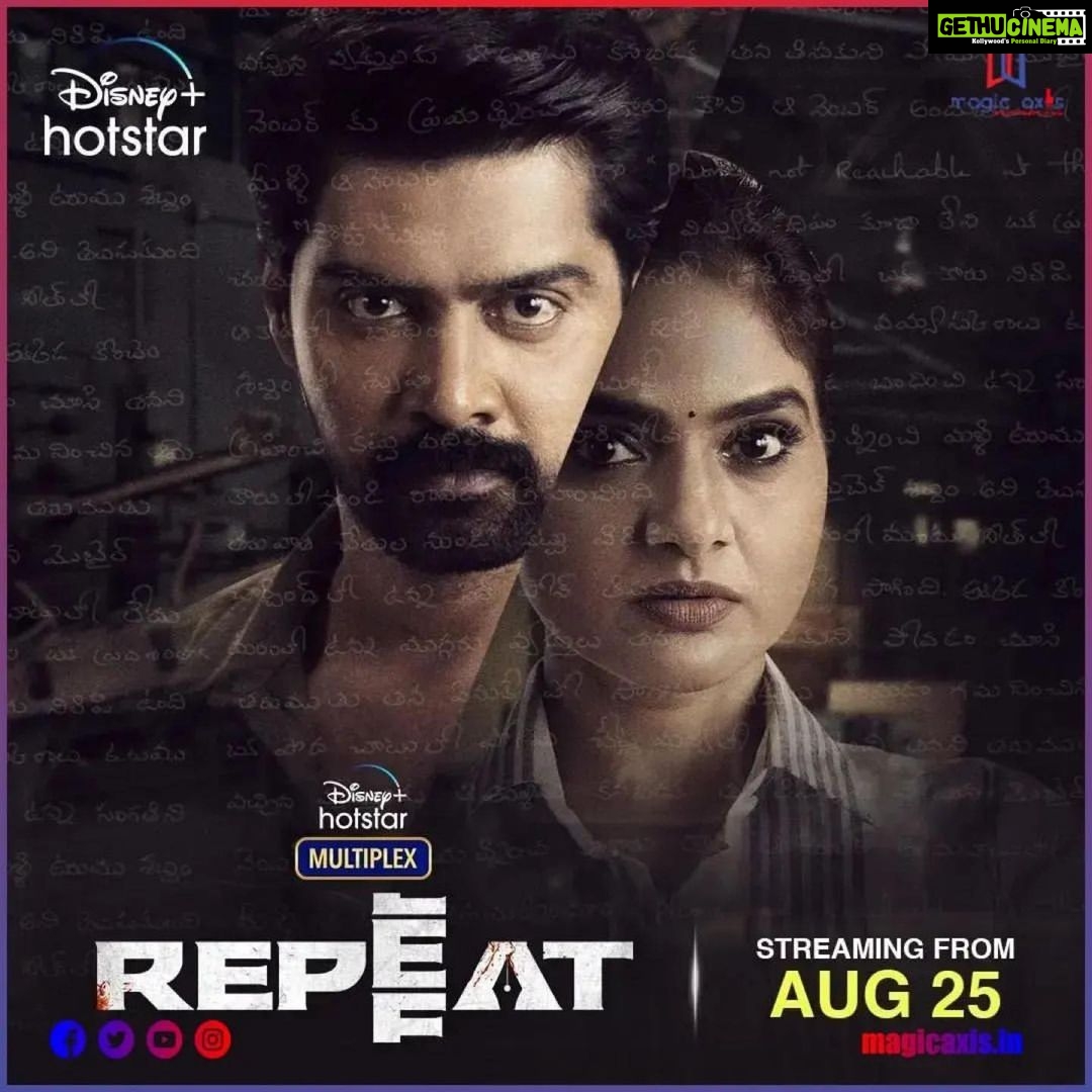 Madhoo Instagram - A Very interesting crime-thriller coming your way! ✒️ #RepeatOnHotstar from August 25. #DisneyPlusHotstarMultiplex #Repeat @naveenchandra212 #AchuythKumar @madhoo_rockstar @smruthivenkatofficial @mimegopi_off #SatyamRajesh @naveenayataofficial @kaaliactor #arvind #Muthaiah @ghibranofficial #MagicAxis