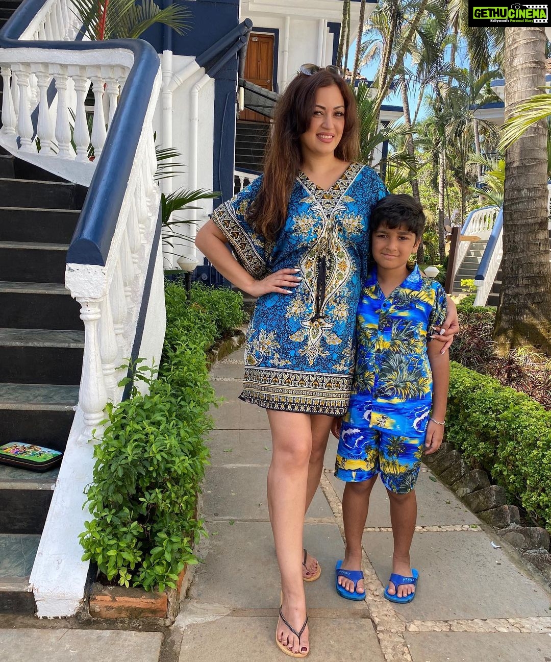 Maryam Zakaria Instagram - We are twining with our blue summer outfits π @realaryanthakur #goa #vacationmode #holiday #motherandson #beachwear #summerwear #summeroutfits #boyfashion #travelphotography #model #actress #influencer Candolim Beach, Goa