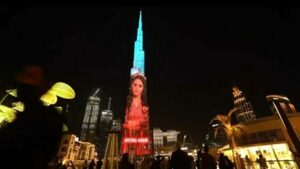 Neetha Ashok Instagram - This actually happened 😍 While I still cannot get into terms with this, it actually happened! All the efforts our entire team has put in the making of #VikrantRona , all the love you guys have showered in making it what it is, all of this was shining so bright when we saw the logo launched in the worlds tallest building @burjkhalifa It gives me a great sense of joy & pride to have been part of this massive initiation by team #VikraantRona & it still leaves me with gossebumps when I think about this emotional moment! While I still stand amazed & it would take me a while to bounce back to reality🙈, I would however want to thank @kichchasudeepa @jack_manjunath_ @anupsbhandari and each of you who showered me & the team with all the love, blessings & constant support! ❤️ Burj Khalifa, Dubai Mall,uae