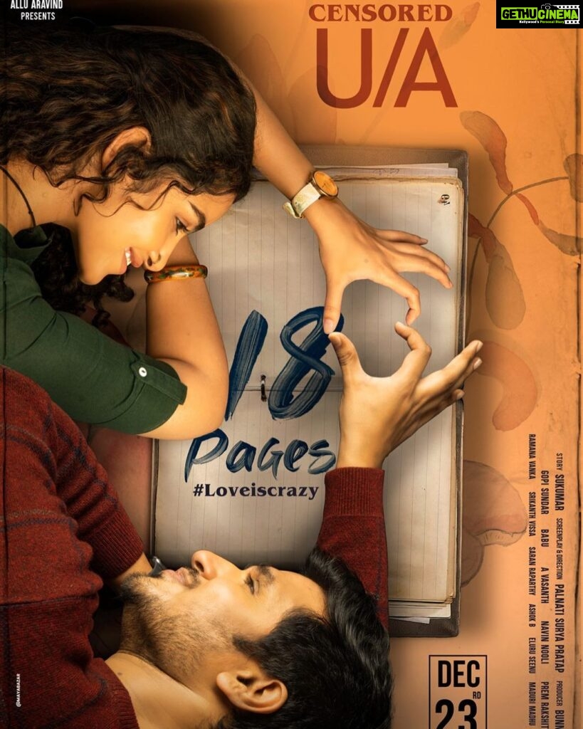 Nikhil Siddhartha Instagram - #18pages Passes the Censor with Flying Colours 🤩CENSORED 𝗨/𝗔 with Zero Cuts. A Different, Never Before Script with @aryasukku's Writing Mark. Perfect Christmas Watch for Youth and Families.❤ @anupamaparameswaran96 @aryasukku @dirsuryapratap #BunnyVas @ga2pictures @geethaarts @GopiSundarOffl