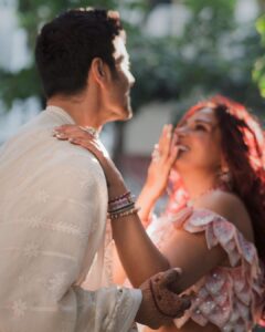 Richa Chadha Instagram - #Photodump from the most memorable, magical, crazy week of my life. 🐻with me. Felt beautiful in @rahulmishra_7 🦋Have followed and loved him since Masaan promotions. Kind soul, going global with a gentle heart…🫀TY for the art I wore. 
Scroll to see the lehenga in it’s full glory. Felt happy. 
Soft make up, soft curls by @harryrajput64 , styled by @anishagandhi3 @rochelledsa ❣️hair help @gurmukh_singh07.  This was the happiest day. 
#riali so grateful 🫀🫶🏽happy that families met, danced, ate, hugged and laughed together. 🧿🥰