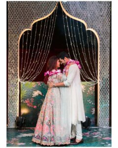 Richa Chadha Instagram - #Photodump from the most memorable, magical, crazy week of my life. 🐻with me. Felt beautiful in @rahulmishra_7 🦋Have followed and loved him since Masaan promotions. Kind soul, going global with a gentle heart…🫀TY for the art I wore. 
Scroll to see the lehenga in it’s full glory. Felt happy. 
Soft make up, soft curls by @harryrajput64 , styled by @anishagandhi3 @rochelledsa ❣️hair help @gurmukh_singh07.  This was the happiest day. 
#riali so grateful 🫀🫶🏽happy that families met, danced, ate, hugged and laughed together. 🧿🥰