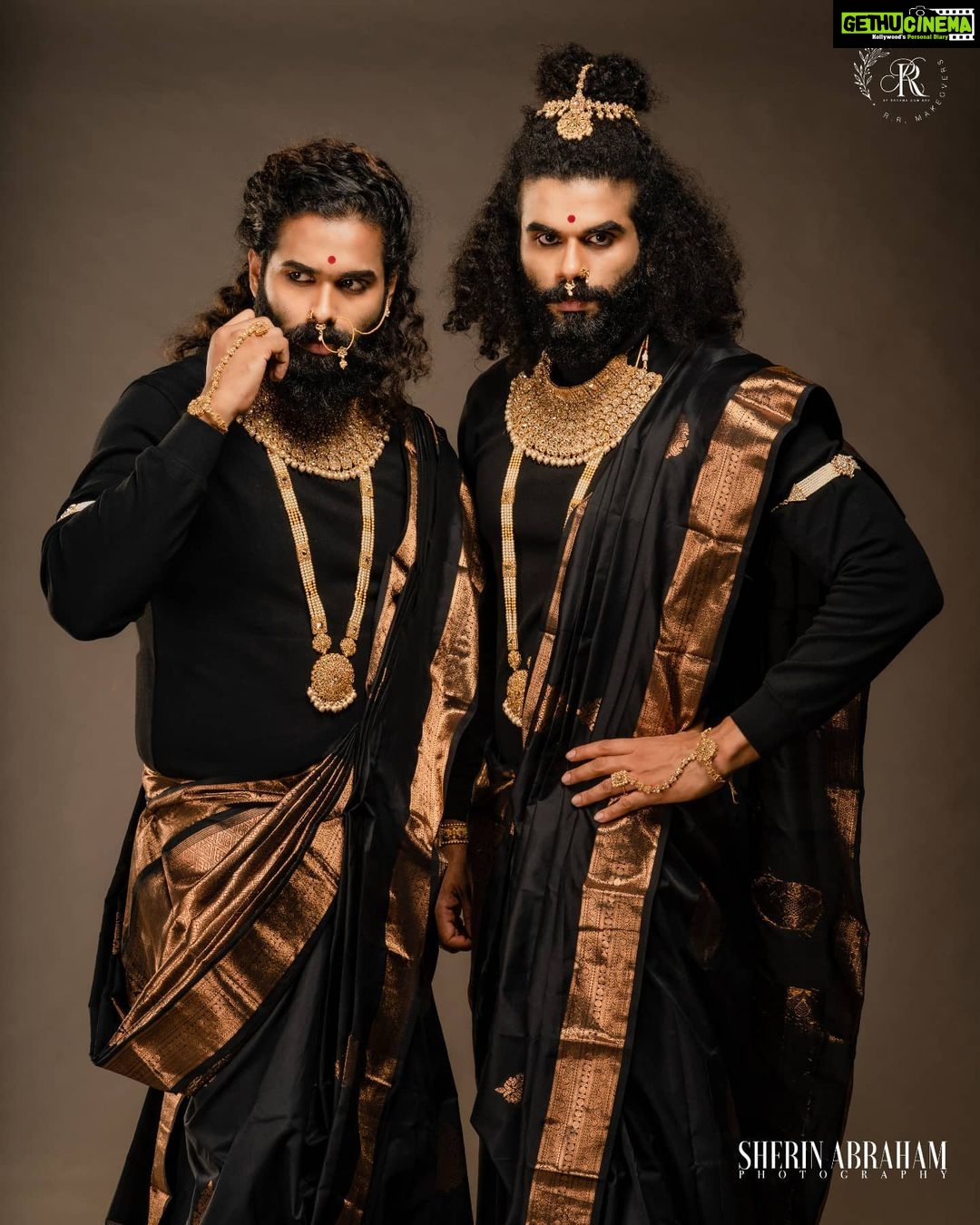 Roshna Ann Roy Instagram - " MEN In SAREE " Concept & direction : @roshna.ann.roy Make-up : @rr.makeovers Inframe : @adeeb_jaleel @oj6627 📸 : @sherinabrahamphotography Special credits : @judefelix_offical Styling :@anushaann_night_hoot Loc :@maxxocreative @huwais.m Saree : @kanchipuramsilks_ Jwells : @ladies_planet_rental_jewellery Men T-shirt : @gabbana_tcr