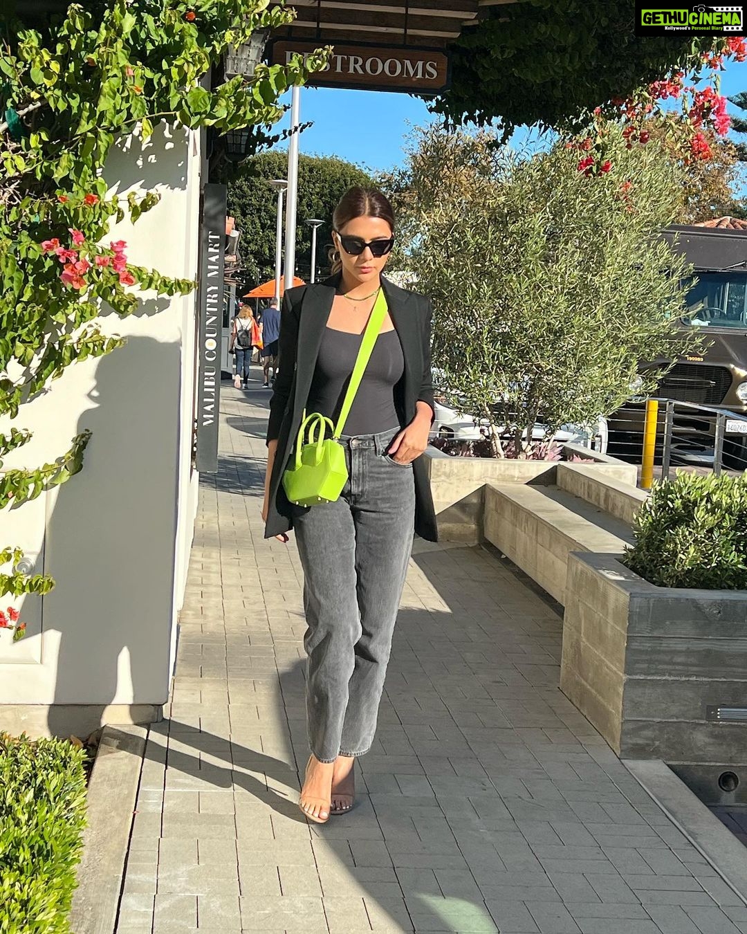 Ruhi Singh Instagram - This look deserves so much more love ❤️ I can’t get over the electric green @thesageaubrey bag. It’s such a statement! Malibu, California