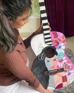 Shamlee Instagram - Work in progress by the beautiful @shamlee_official lending her magic to this 30+ year old guitar for the #wastetovalue #auctiontotakeaction featuring @karthi_offl 🤩 Super delighted to have her on board & we thank you profusely for your support since day one 💚💥